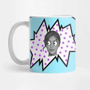 Girl with cartoon eyes breaks out of colorful box Mug